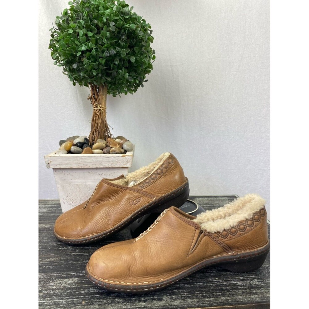 Ugg Brown Leather Bettey Shearling Slip On Slipper Shoes 8